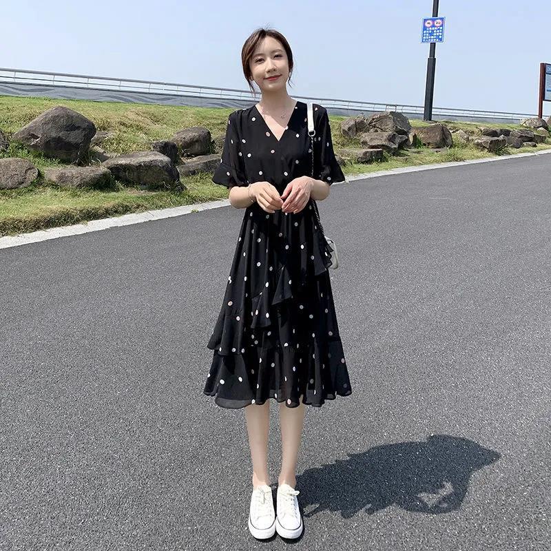 Ruffle Polka Dot Chiffon Dress Women's Short Trumpet Sleeve V-Neck Knee-length Daily Dating Party Office Wear