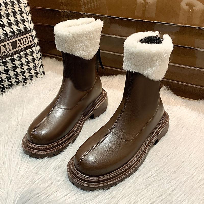 Snow Boots Women's Sheep Martin Boots Winter Plus Velvet Warm Thick-soled Boots Increased Round Toe British Short Boots