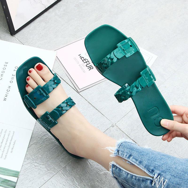 Slippers Ladies Summer Fashion Outer Wear Plastic Sandals and Slippers Flat Chain Slippers Square Toe Net Red Shoes