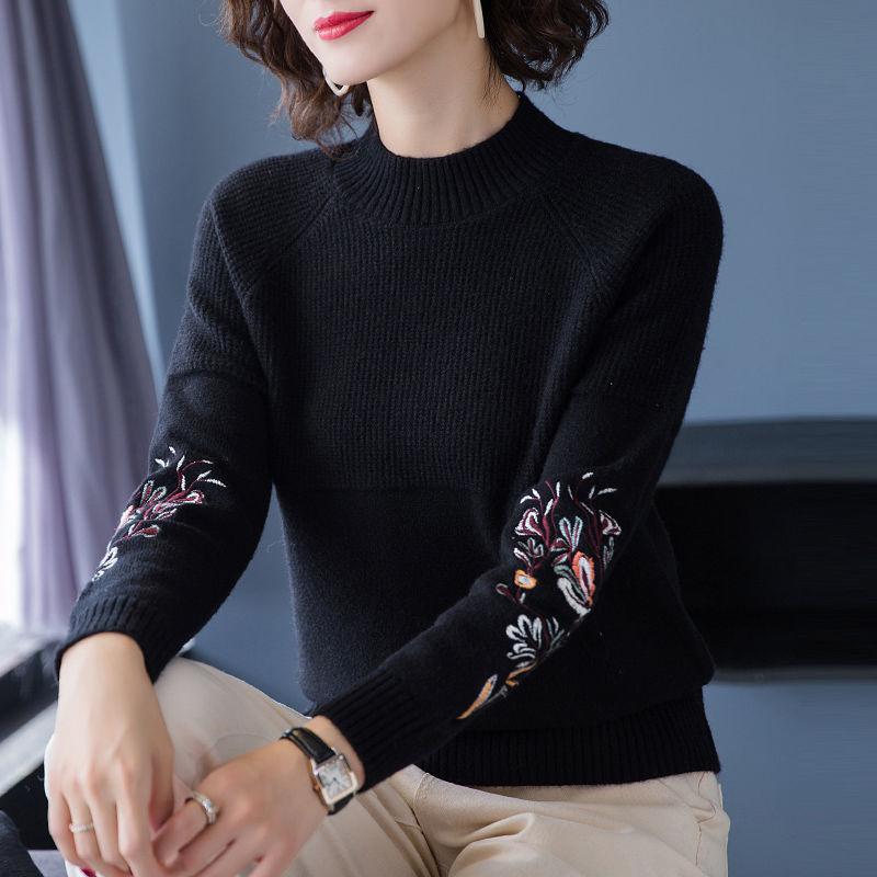 Women's Half Turtleneck Knit Sweater Plus Fleece Thickened Short Sweater Embroidered Bottoming Shirt Versatile Loose Large Size