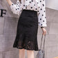 Spring Summer Women Lace Skirts Fashion Solid Casual Mesh Tulle Skirt Hollow Out Short Pencil Elegant Elastic Black/Apricot Skirt