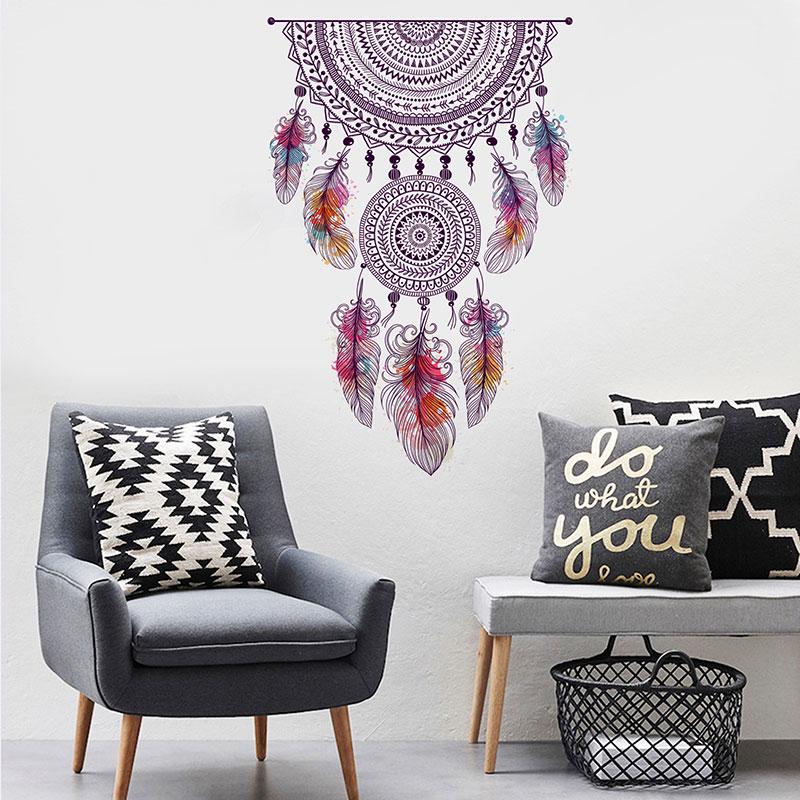 Retro Style Catch Monternet Dream Catcher Colorful Feather Wall Stickers Art Design For Living Room