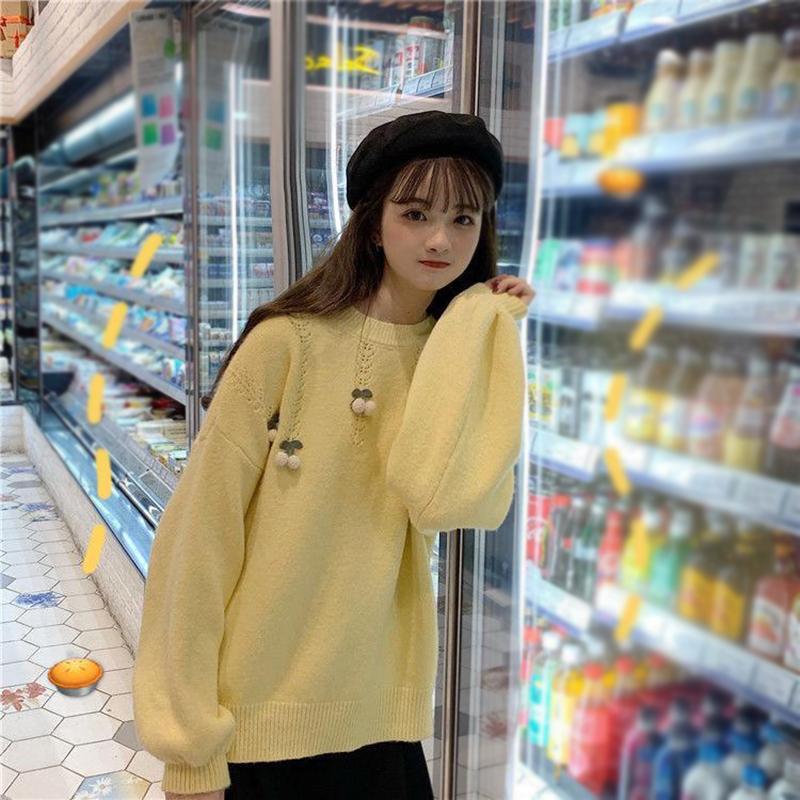 Autumn  Winter Korean Version Sweet Three-dimensional Cherry Pullover Long-sleeved Sweater Sweater Women Loose Outer Wear