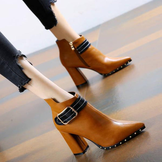 Big Size Boots Pointed Toe Ankle Short Boots Woman High Thick Heels Martin Boots British Style Shoes