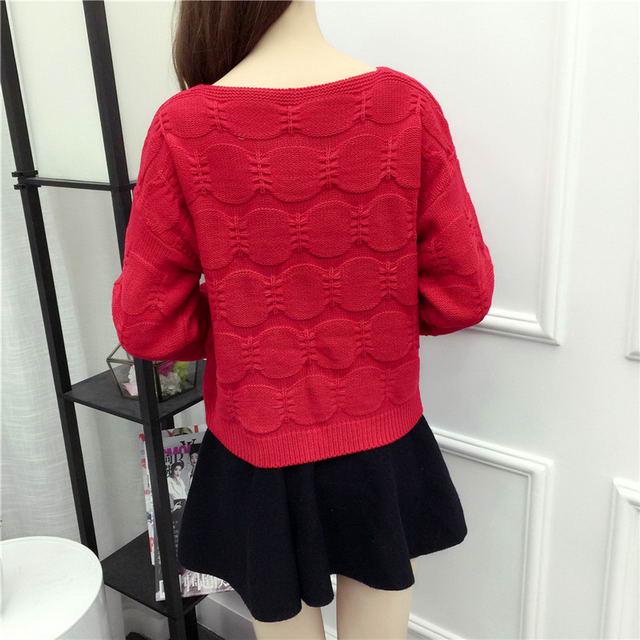 Short Loose Sweater Women Black White Long Lantern Sleeve Pullover O Neck Casual Sweet Cute Office Knit Crop Sweater