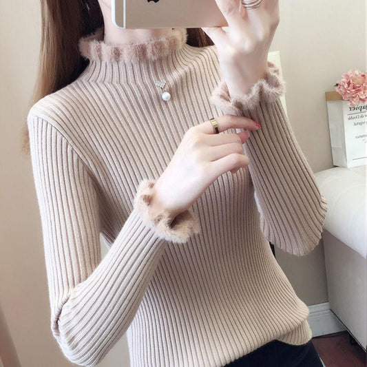 Mink Autumn and Winter Thickening Slim-fit Sweater Bottoming Shirt Half High Neck Young Women's Sweater