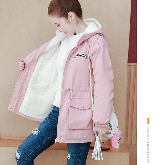 Autumn Winter Women Hooded Parka Jacket Short Thickened  Casual Loose Drawstring Windbreaker Jacket Plus Velvet Parka Coat
