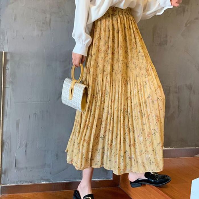 Pleated Floral Skirt Summer Women's High Waist Mid-length A-line Draping Chiffon Fairy Dress