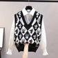Autumn and Winter Diamond Plaid Retro Sweater Vest Sweater Women's Vest Cartoon Loose V-neck Waistcoat Waistcoat Ladies Sleeveless Thin Sweater