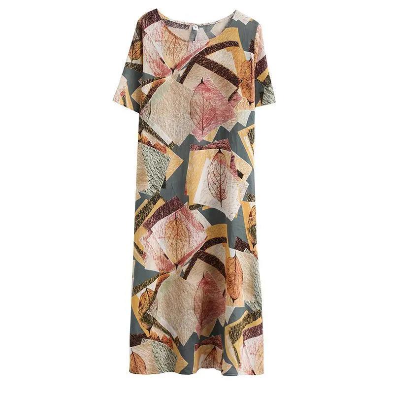 Large Size Dress Women's Summer Dress Literary Ethnic Women's Round Neck Print Loose and Thin Belly DRESS