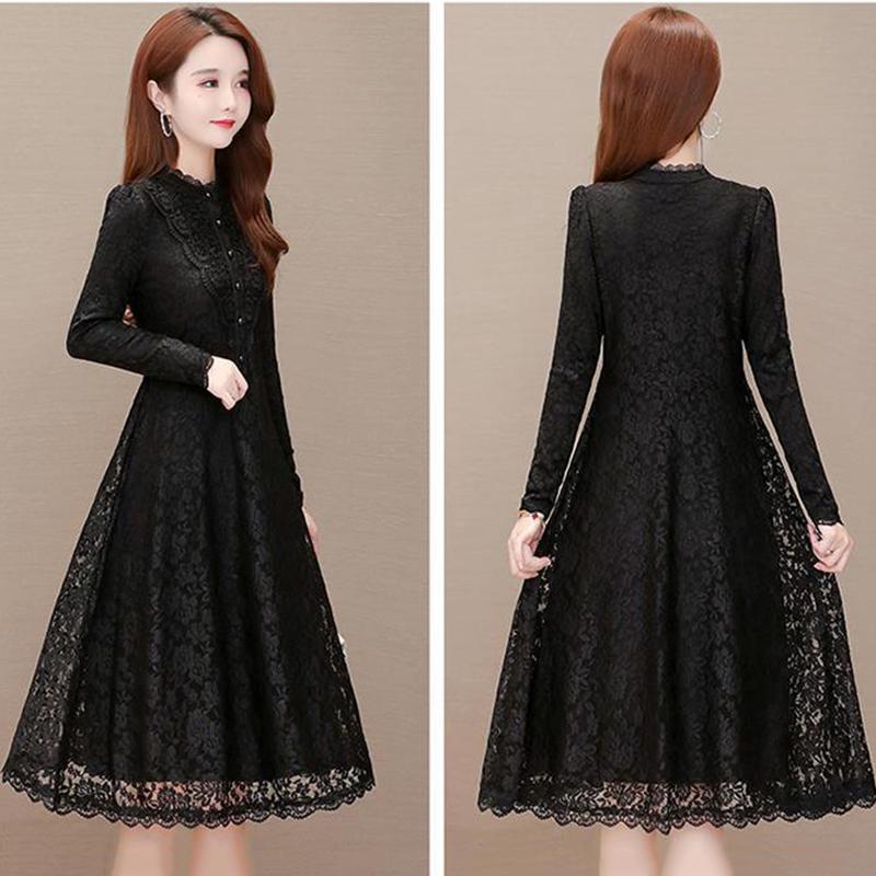 Lace Dress Autumn and Winter Temperament Long-sleeved Bottoming Skirt Waist Slim A-line Mid-length Ladies Dress