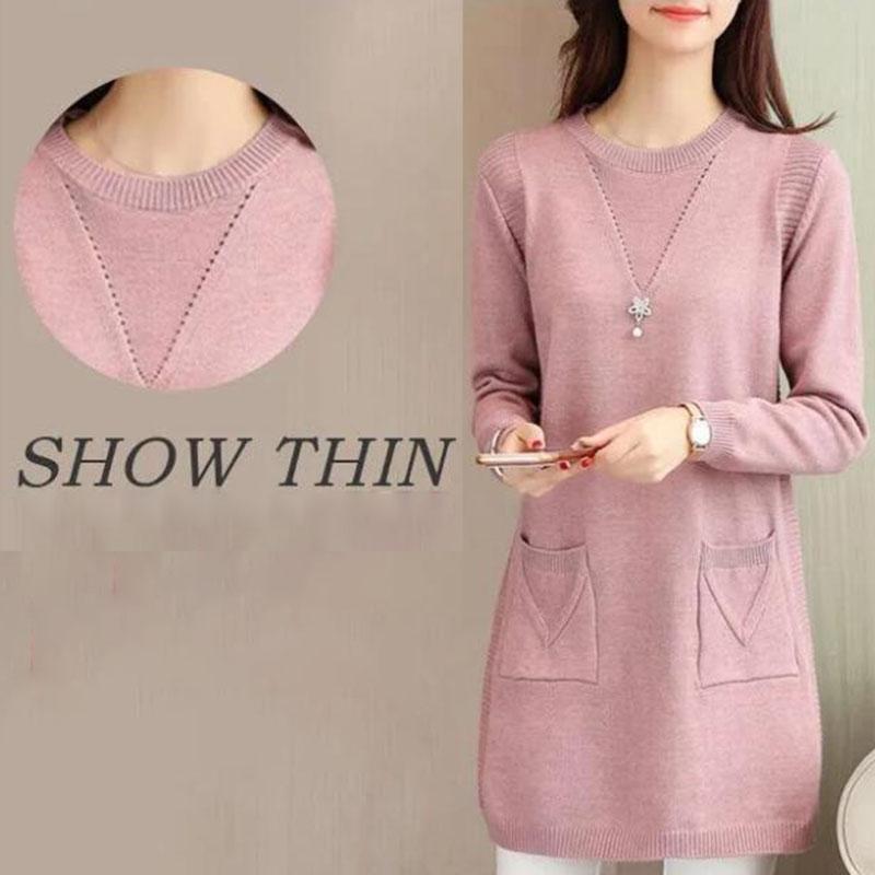 Women's Mid-length Knit Sweater  dress Winter Loose Round Neck Pullover Sweater Thick Knitwear Skirt with Pockets