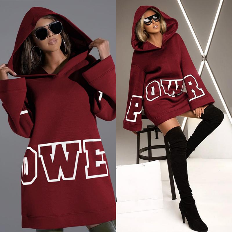 Women Hooded Dress Letter Print Loose Casual Long Sleeve Plus Size Top Winter Warm Mini Dresses