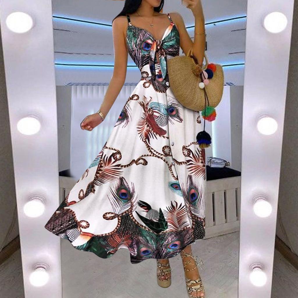 Women Button Casual Sleeveless Camis Vest V-Neck Ladies Long Dress
