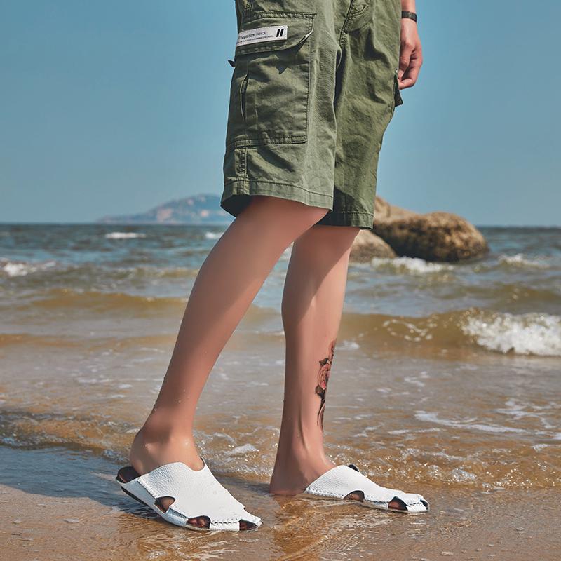 Men Sandals Beach Shoes Summer Drain Leather Wading Shoes On Surf Quick -Drying Skin Slip -On Light