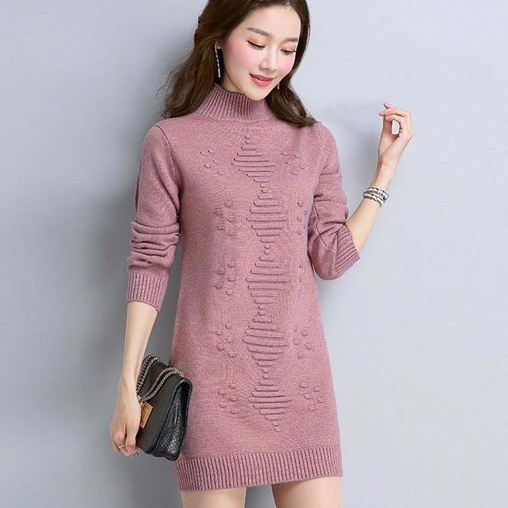 Turtleneck Sweater Dress Loose Casual Long Sleeve Winter Dress Women Knitted Jumper Dress Knitwear