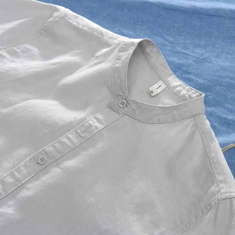 Linen Shirt Men's Short-sleeved Stand-up Collar Summer Thin Loose Cotton and Linen White Shirt Men's Small Fresh Casual Shirt Men
