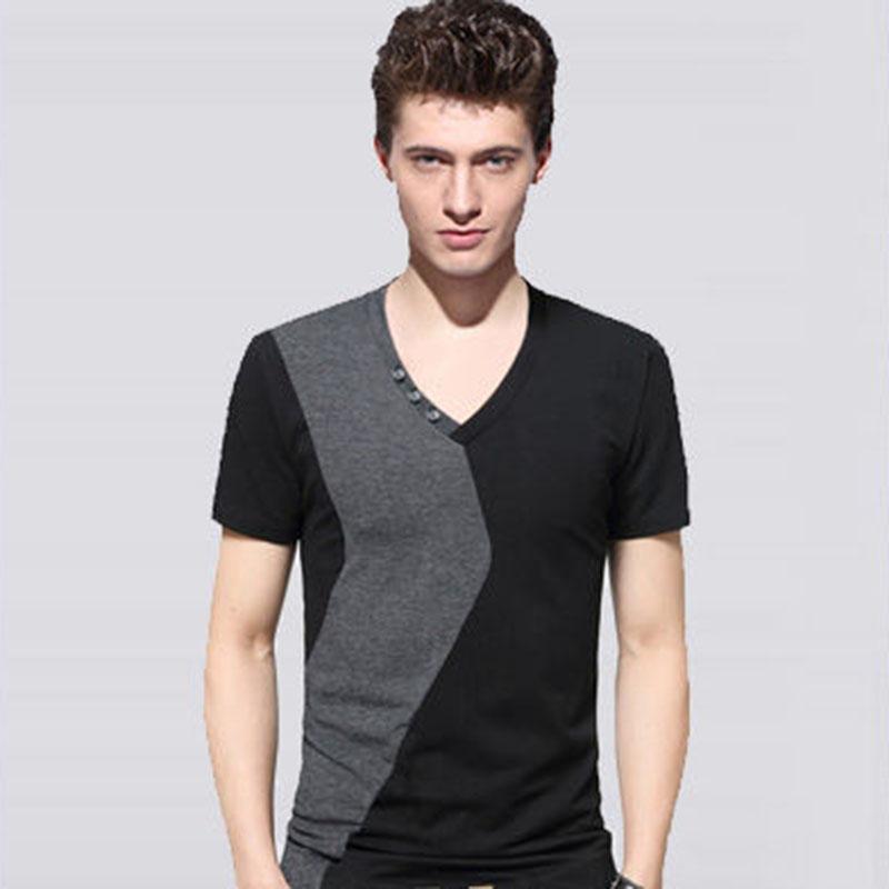 Short-sleeved Men's T-shirt Slim Fit Plus Fat Plus Size Men's Trend Stitching Contrast Color Loose Half-sleeve V-neck