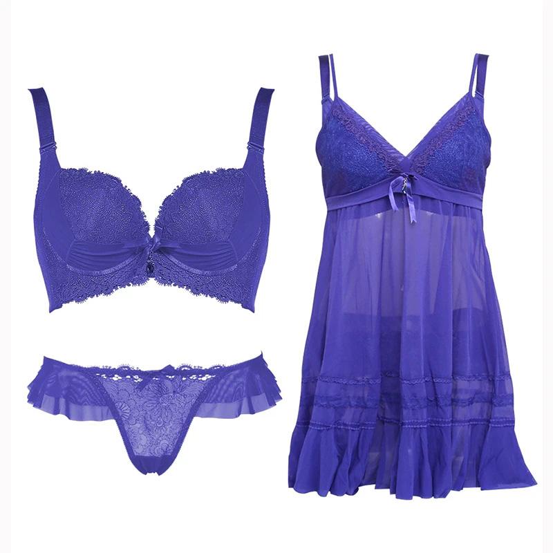 Ladies Gathered Up Bra Set Comfortable Sexy Lace Bow Hollow Out Transparent Panties Hanging Skirt Underwear Set Fascinated See-through Brassieres Set