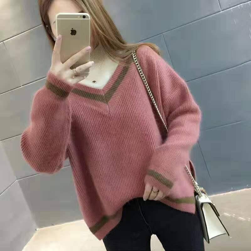 Pofulove Autumn Winter Half Turtleneck College Style Pullover Sweater Fake Two Sweaters Women Loose