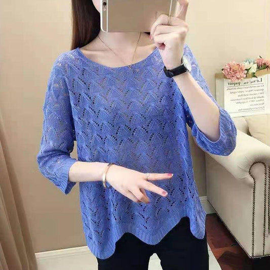 Women's Thin Hollow Knitted Sweater Three-quarter Sleeve Bottoming Shirt Loose Pullover Hollow Short-sleeved Sunscreen Top