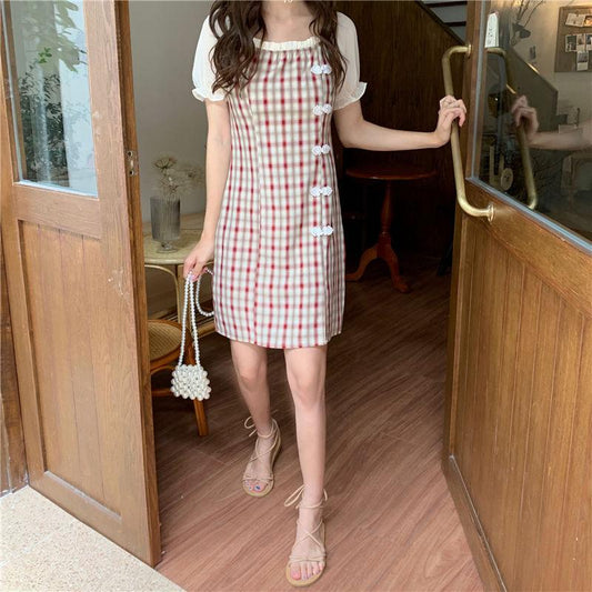 Cheongsam Modified Slim Dress Simple and Elegant Plate Button Split Lattice Bubble Sleeve Dress