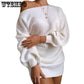 Women Loose Round Neck Sweater Woolen Dress Autumn Winter  Solid Color Knitted Sweater