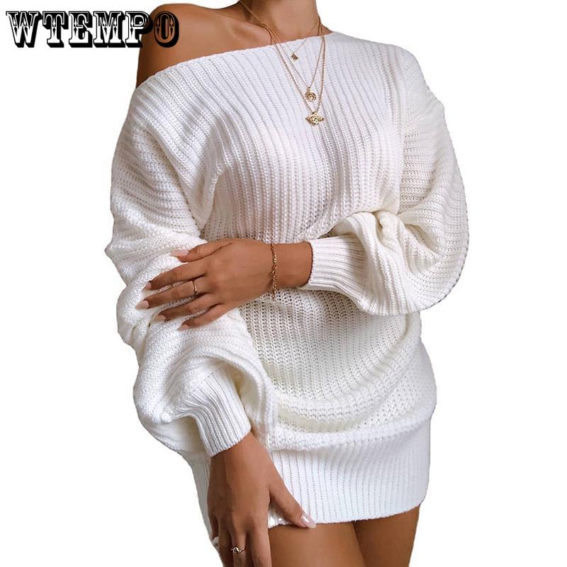 Women Loose Round Neck Sweater Woolen Dress Autumn Winter  Solid Color Knitted Sweater