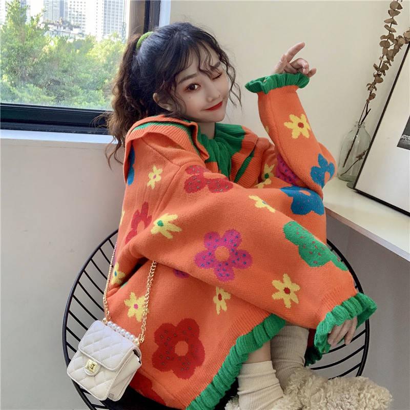 Mid-length Ruffles O-neck Sweater Women Sweet Knitted Loose Flower Print Chic Girl Pullover Dress