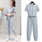 Sports Suit Women's Summer Casual Solid Color Short-sleeved Short Loose T-shirt Waist Nine-point Pants Two-piece Set