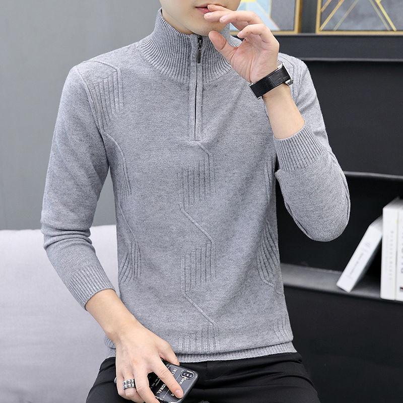 Men's Warm and Comfortable Bottoming Shirt Slim Solid Color Knitted Half High Neck Zipper Sweater