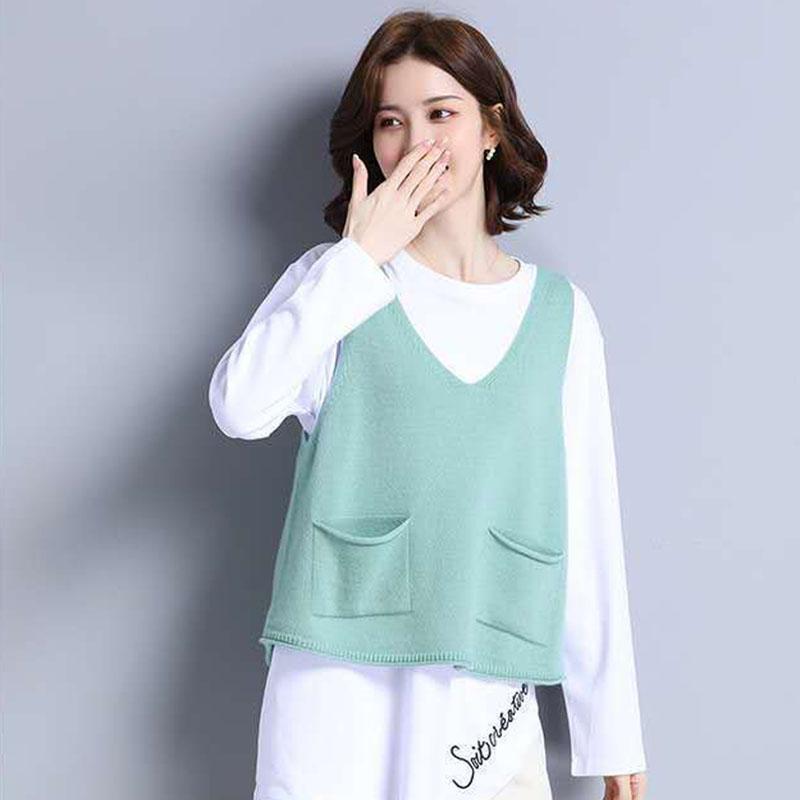 Spring and Autumn Loose Plus Size Vest Solid Color Short Sleeveless Sweater Knitted Outer Wear Women's Top