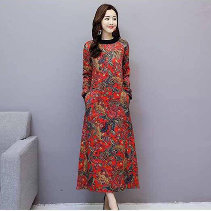 Pofulove Retro Plus Velvet Dress Female Turtleneck Over Knee Long Skirt Plus Size Cover Belly Fat