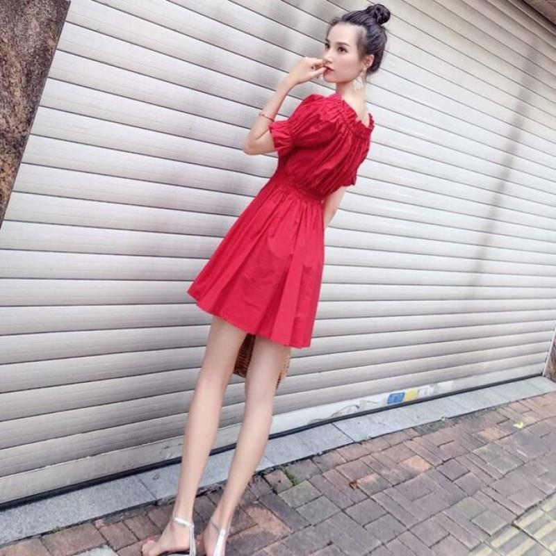 Fashion Sexy Slash Neck Dress Summer High Waist Puff Sleeve Beach Party Dress Off Shoulder Dress