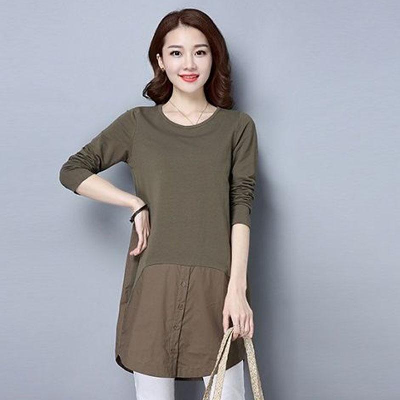Female Autumn T-shirt Tops Women's Casual Splicing Round Neck Long Sleeve Loose Fashion stitching Pullover Tops