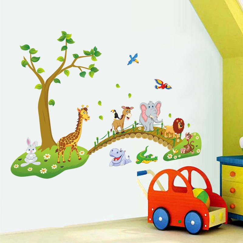 3d Cartoon Wall Stickers Jungle Wild Animal Tree Bridge Lion Giraffe Elephant Birds Flowers For Kids