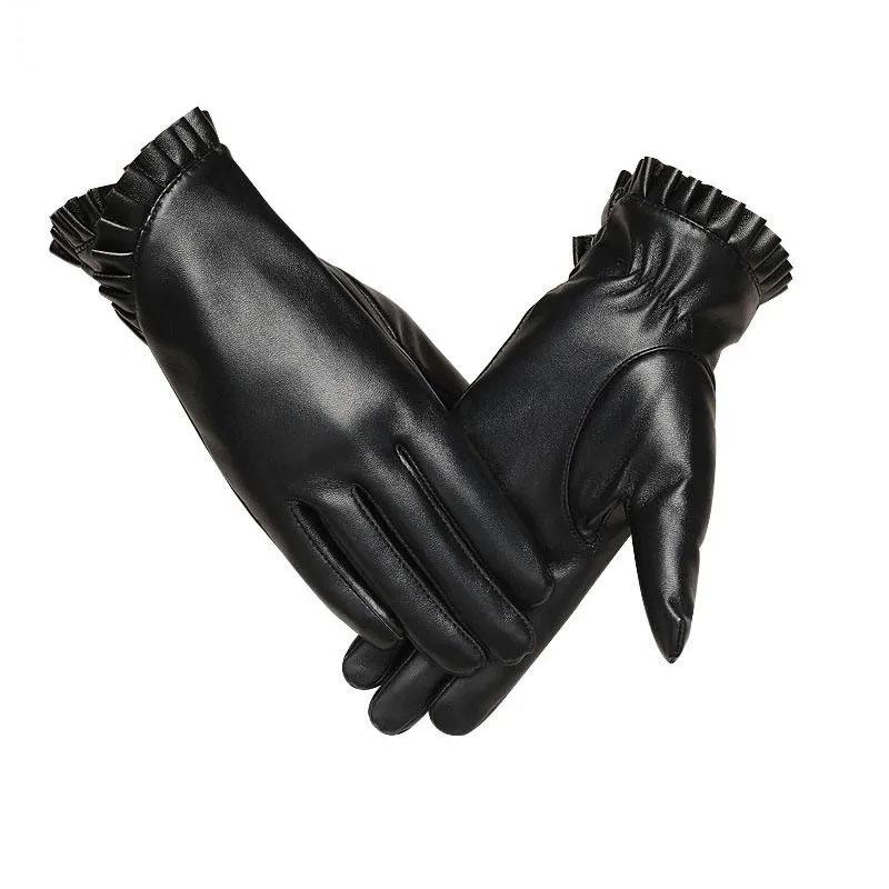 Leather Gloves Ladies Winter Korean Cute Thickening Warmth Cycling Motorcycle Outdoor Riding Touch Screen Cotton Gloves