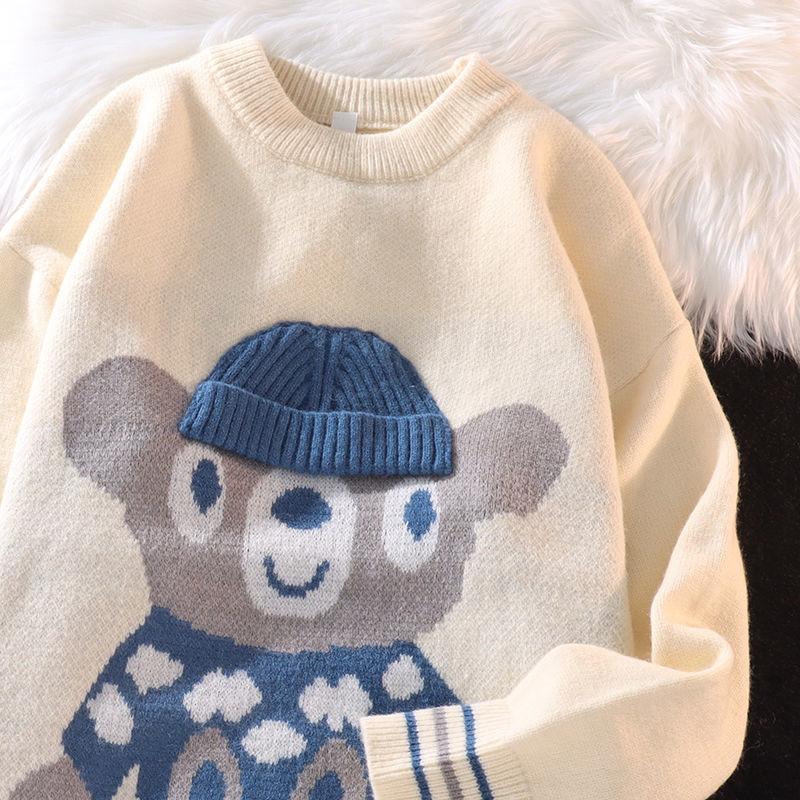 White Sweater Men's Loose Lazy Spring and Autumn Loose Couple Knitted Woolen Coat Retro Japanese Bear Sweater