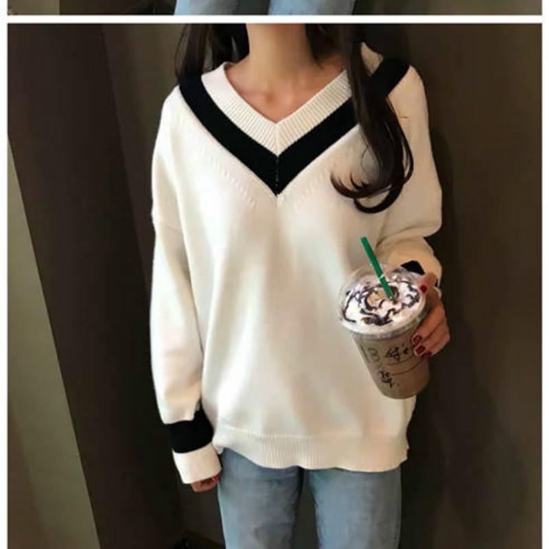 Pofulove V-neck Sweater Women Korean Loose Lazy College Style Pullover Knit Top Autumn Winter