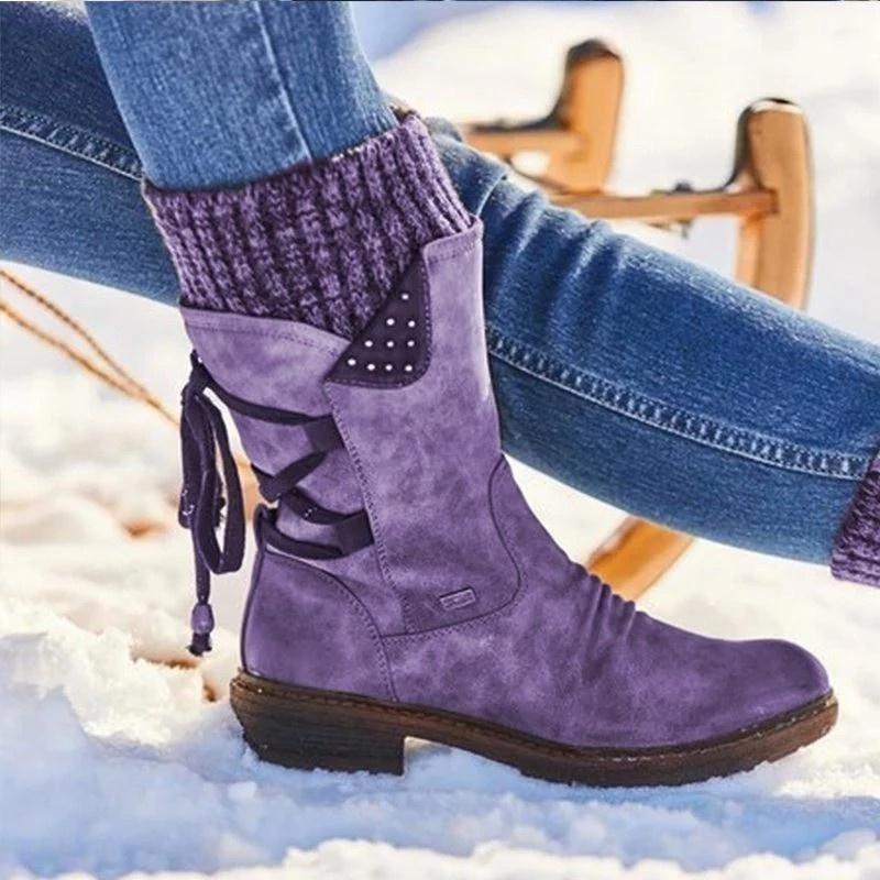 Women's Winter Warm Calf Boots Casual Snow Boots Leather and Sweater Bandage Boots Cowgirl Boots
