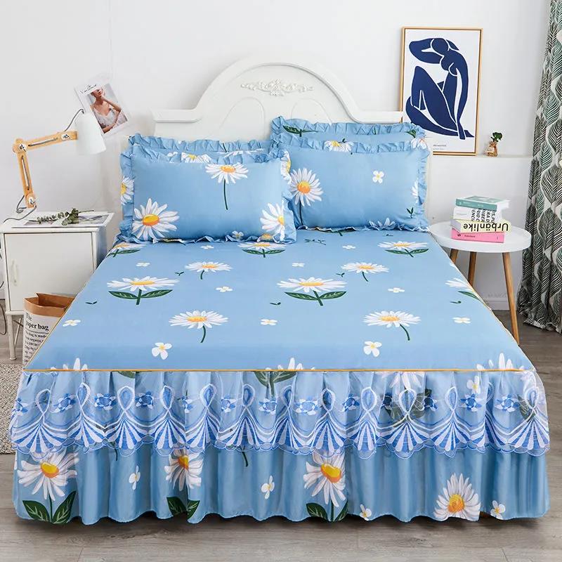 Four Seasons Universal Mattress Cover Thickened Cotton Sanded Mattress Dust-proof Bedspread Korean Lace Bed Skirt Single Piece