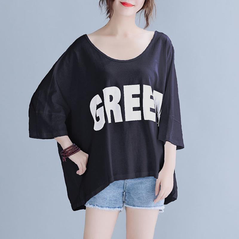 Large Size Women's Loose Letter Printing Short-sleeved T-shirt Tops Women's Casual Loose Large Size Round Neck Mid-sleeve T-shirts
