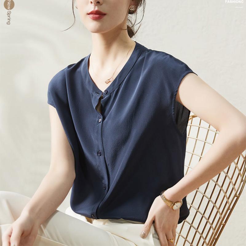 Silk Short-sleeved Shirt Women's Temperament Imitation Mulberry Silk Round Neck Shirt Top