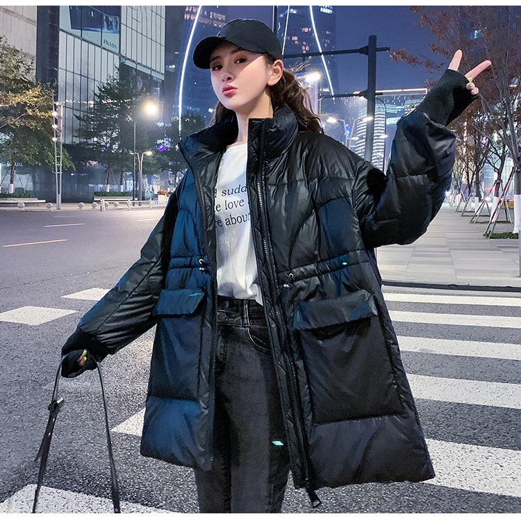 Winter Stand-collar Down Jacket Women's Mid-length White Duck Down Winter New Waist Shiny Thick Coat Winter Warmth Thick Cotton Jacket