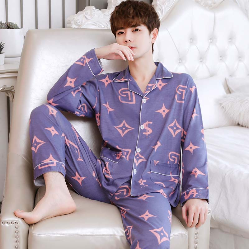 Spring and Autumn Men's Cotton Pajamas Set Home Casual Wear