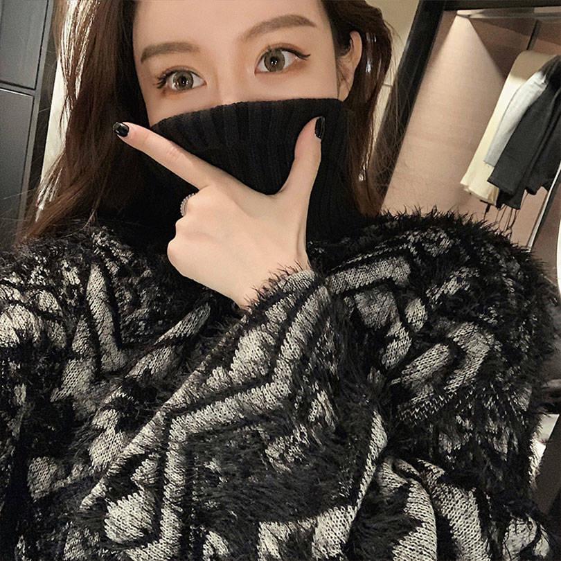 Pofulove Mohair Girly Winter Turtleneck Warm Knitwear Skin-friendly Losse Fuzzy Pullover Sweater