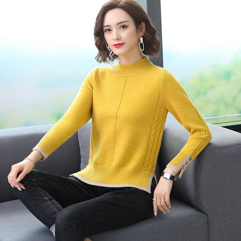 Winter Women Short Mid-High Collar Pullover Sweater Button Twist Loose Office Undershirt