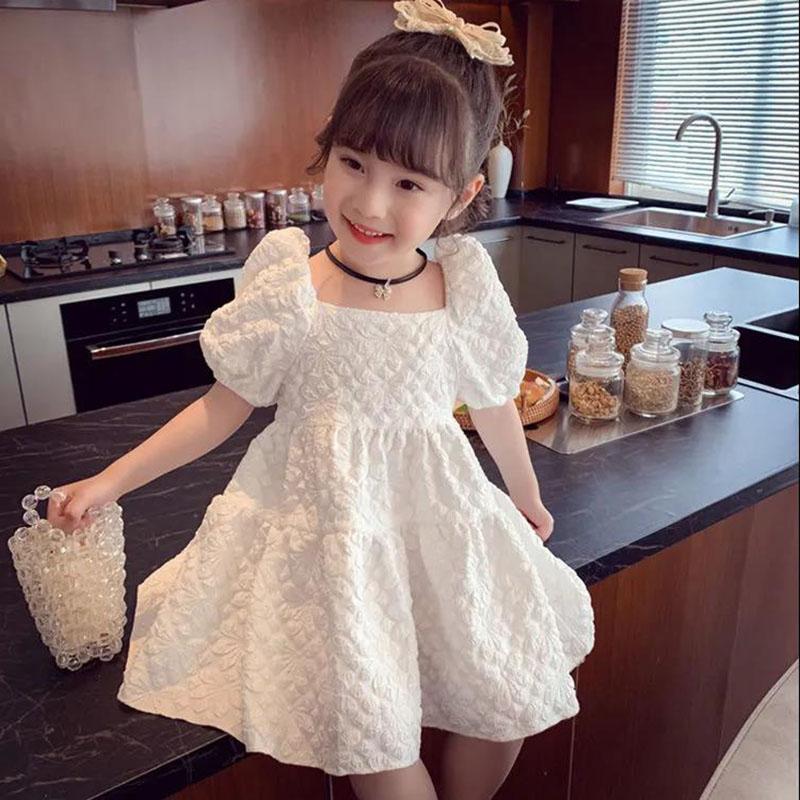 Girls White Dress Summer Dress Children Sweet Princess Dress Net Red Puff Sleeve Little Girl Skirt Square Neck Short Sleeves