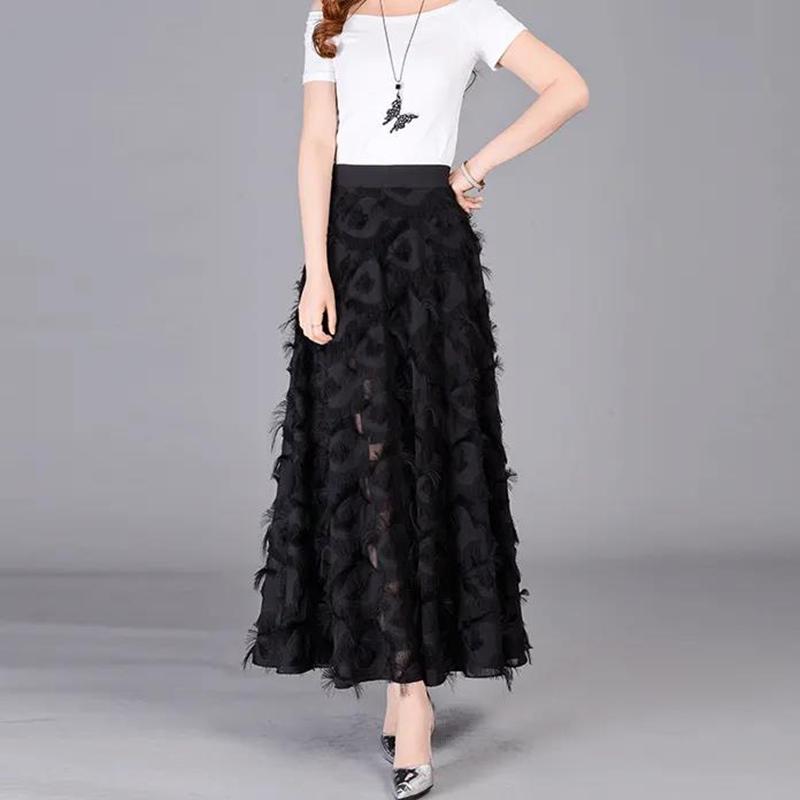 Tassel Feather High Waist Chiffon Feather Fringe Skirt Mid-length Summer Elastic Waist Long Skirt