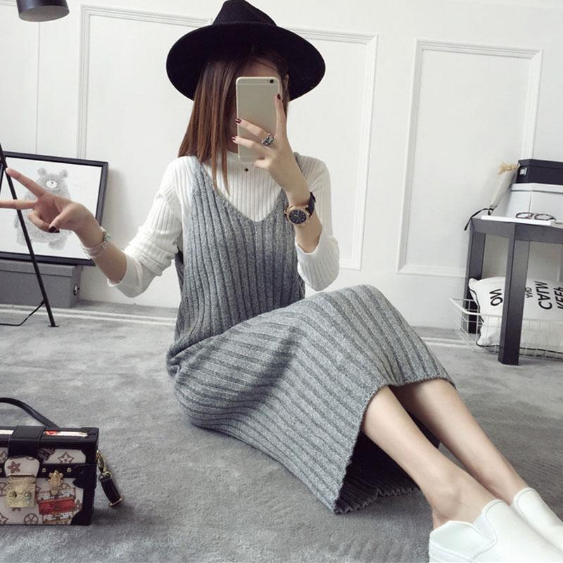 Autumn and Winter Long Sweater Dress Fashion Knitted Suspender Dress Casual Simple Female Suspender Dress